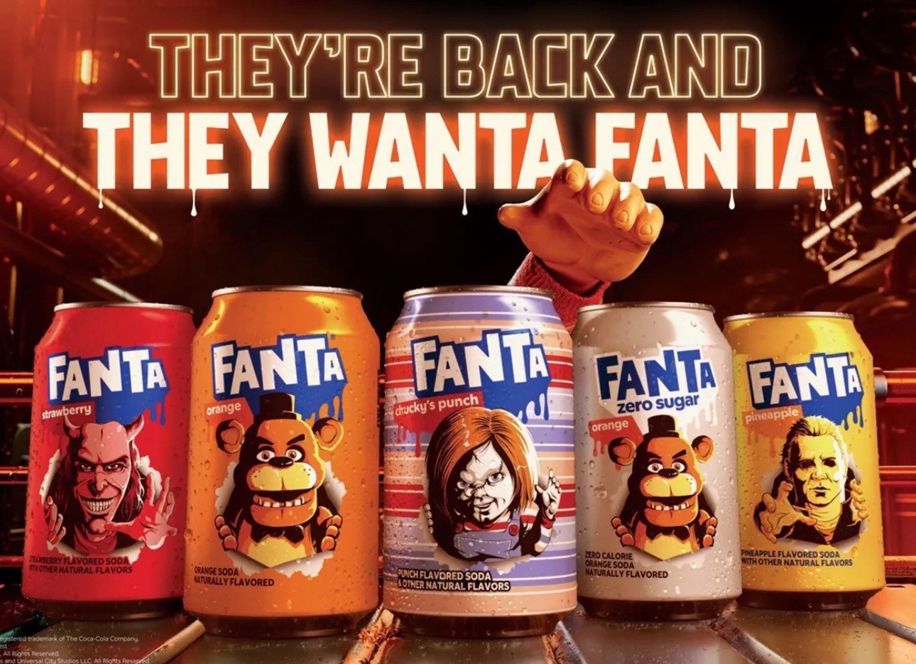 Horror Fanta 2025 Set Of 5 Cans Chucky, Grabber, Freddy Fazbear, Micheal Myers