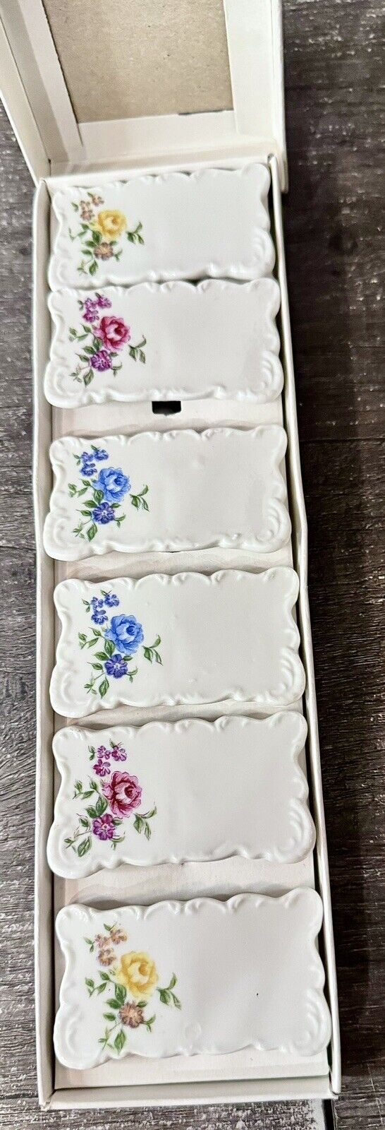 Set of 6 Vintage Shafford Japan Porcelain Floral Roses Place Card Holders w/Box