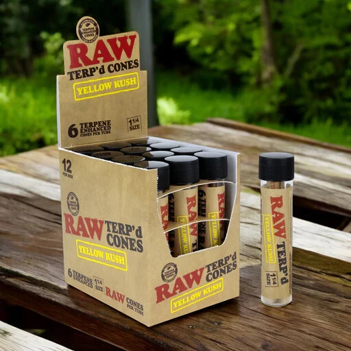 12 X RAW TERP'D ENHANCED CONES 🤩 YELLOW KUSH 🤩 1 1/4 SIZE FULL BOX 72 CONES 💯