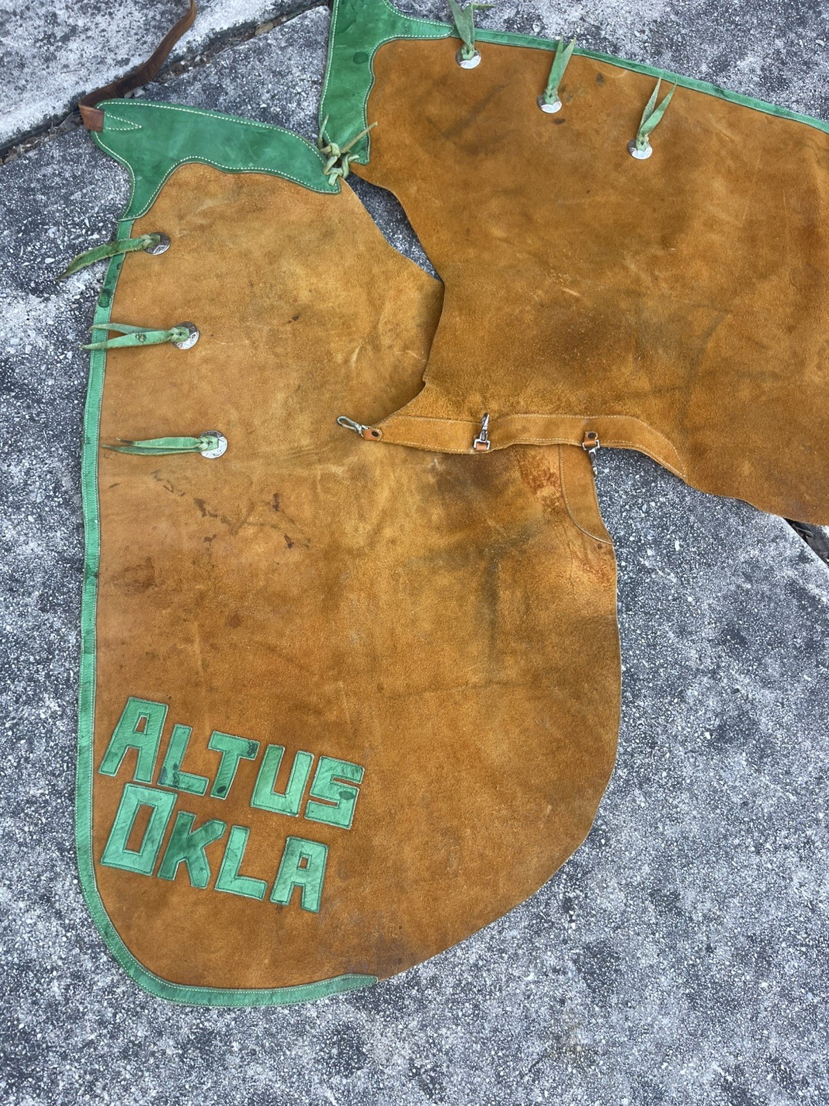 Vintage Leather Batwing Rodeo Chaps Altus Okla Green Trim Western Cowboy Decor