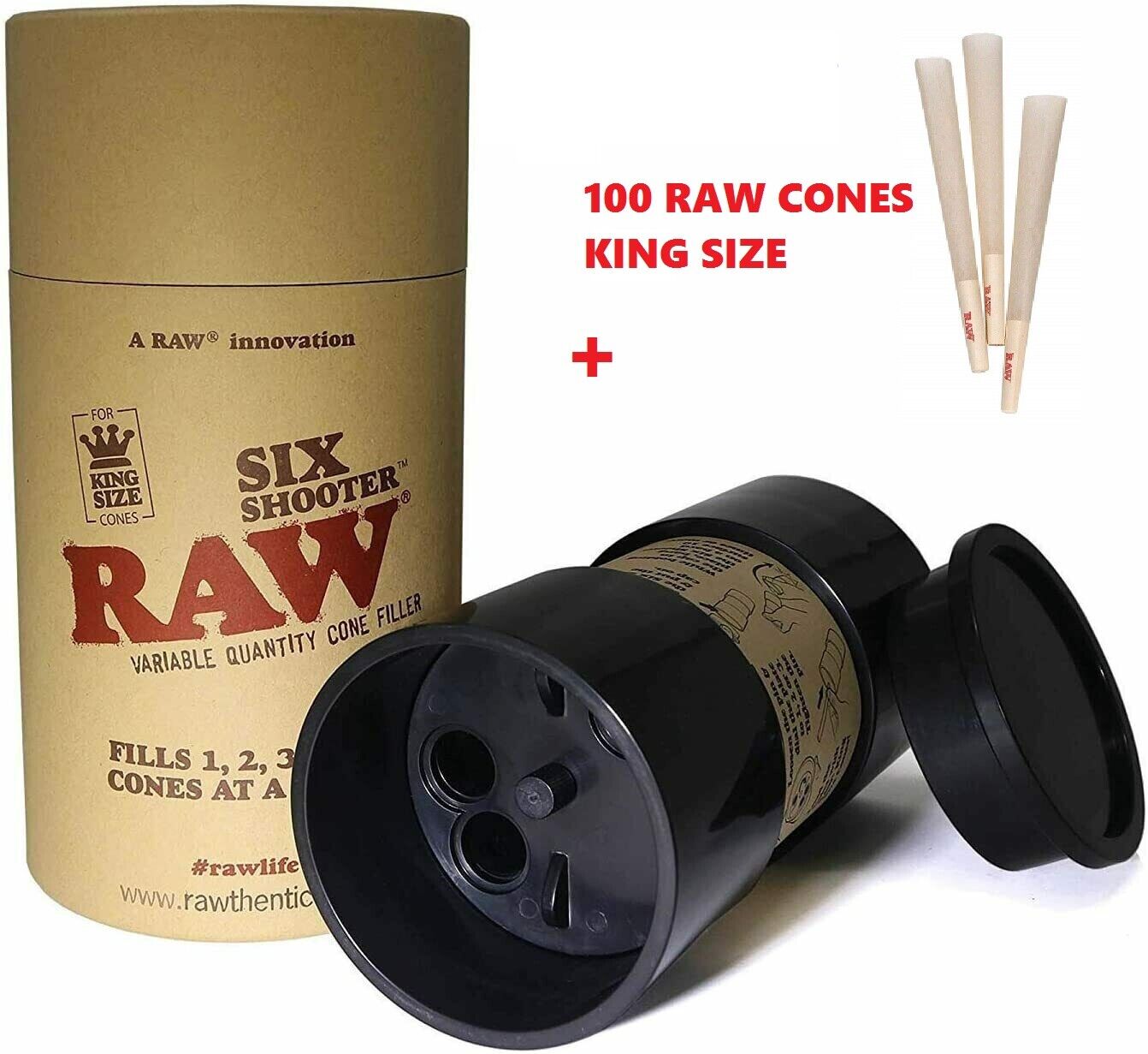 RAW Six Shooter for King Size Cones Cone Loader + 100 RAW CONES KING SIZE