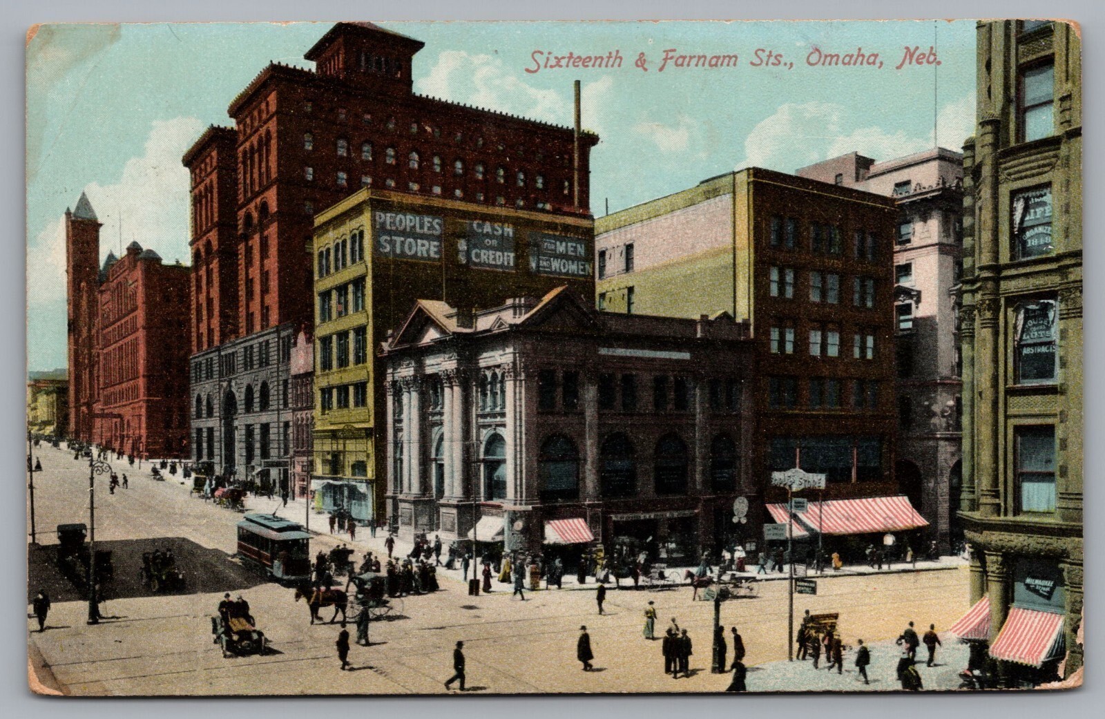 Farnam Street, Clothing Store, Trolley, People, Omaha, NE. 1919 Postcard TS-63a