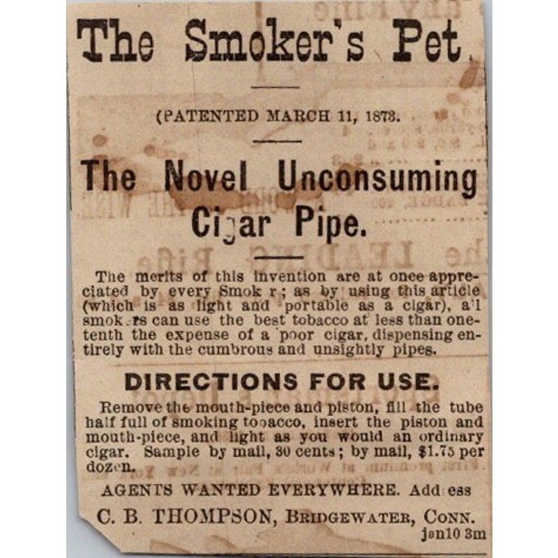 The Smoker\'s Pet Patented March CB Thompson Bridgewater CT 1878 Clipping SAI4-M6