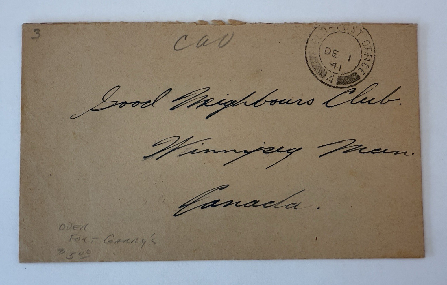 1941 WWII 10th Armoured Winnipeg Canada UK Soldiers Field Postal Cover & Letter