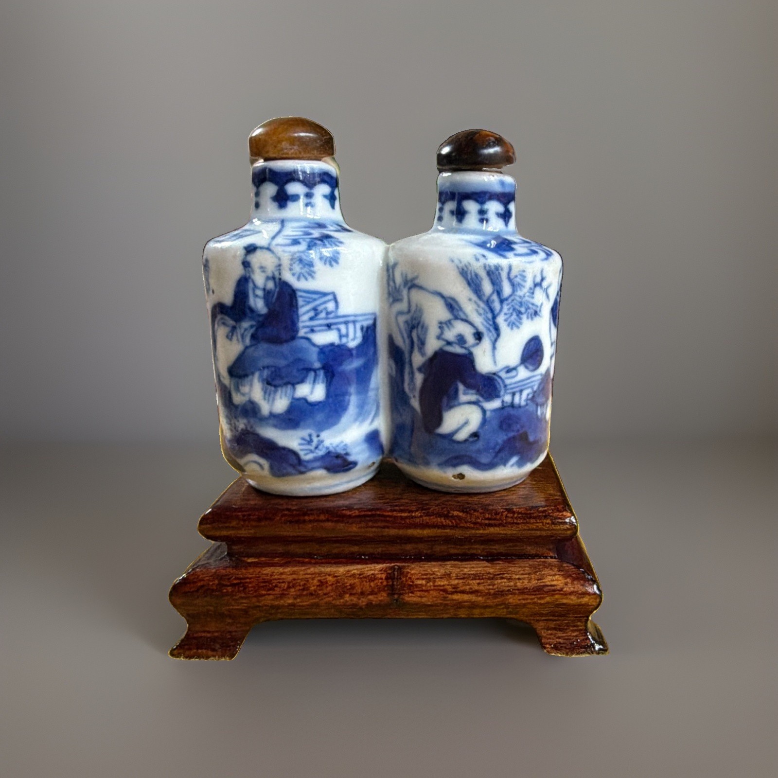 Antique  Blue & White Porcelain Double Snuff Bottle 19th C. Century Qing w/COA