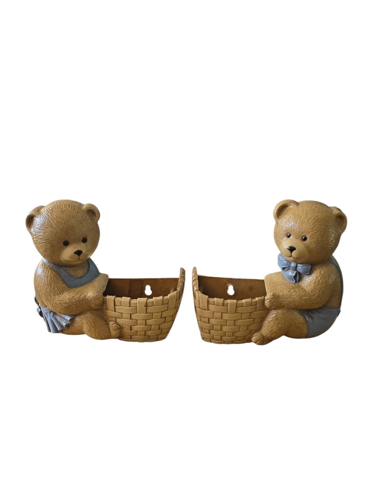 2 Bears Boy Girl In Blue Basket Planter Plastic Wall Art BURWOOD Products 2947 