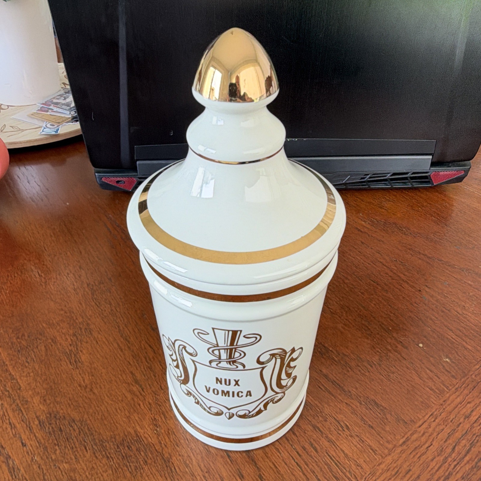 VINTAGE PHARMACY NUX VOMICA APOTHECARY CANISTER JAR WITH LID- OWENS, ILLINOIS
