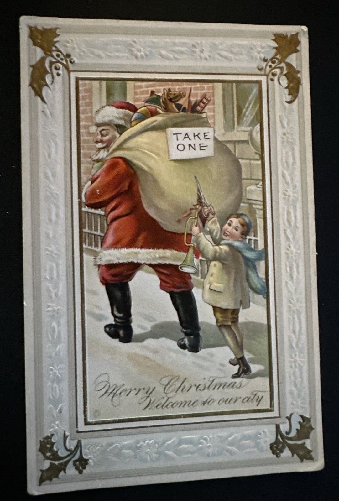 Child Chases Santa Claus~Steals Toys~Antique Embossed~Christmas Postcard~s722