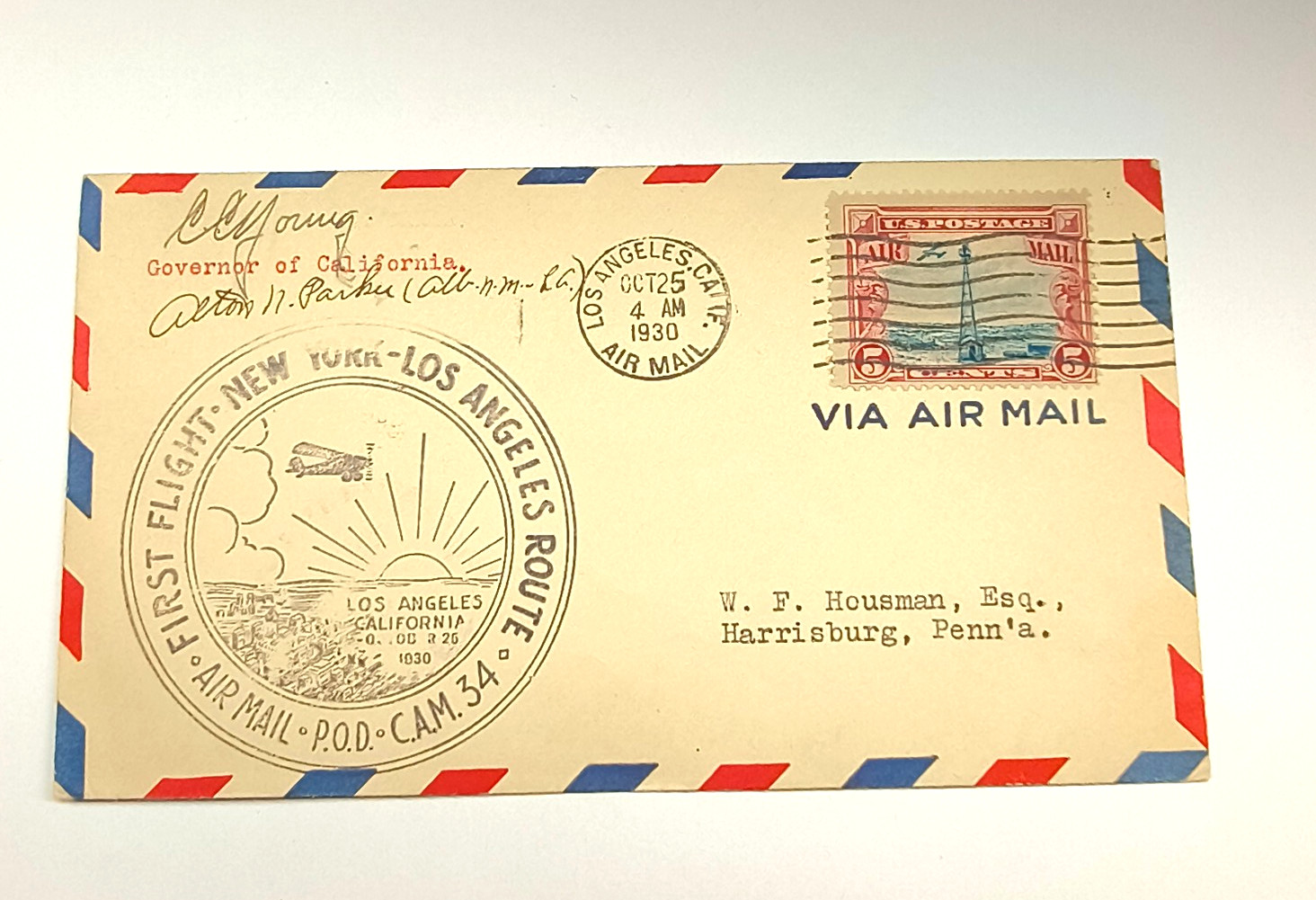 1930 NY/LA Rt First Flight CAM 34 w/CC Young Gov. & Alton Parker pilot autograph