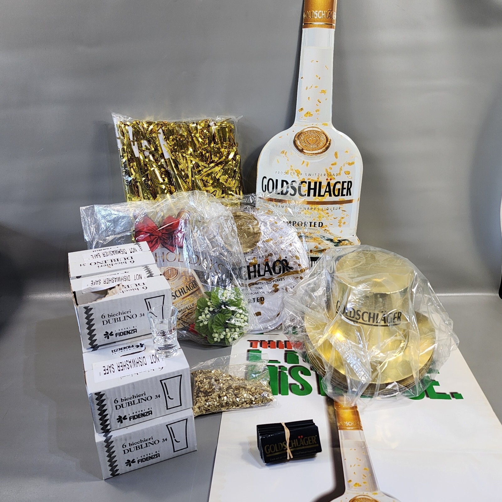 Vintage Goldschlager Collectible Holiday Party Kit 1997 Metal Sign Gold Flakes 