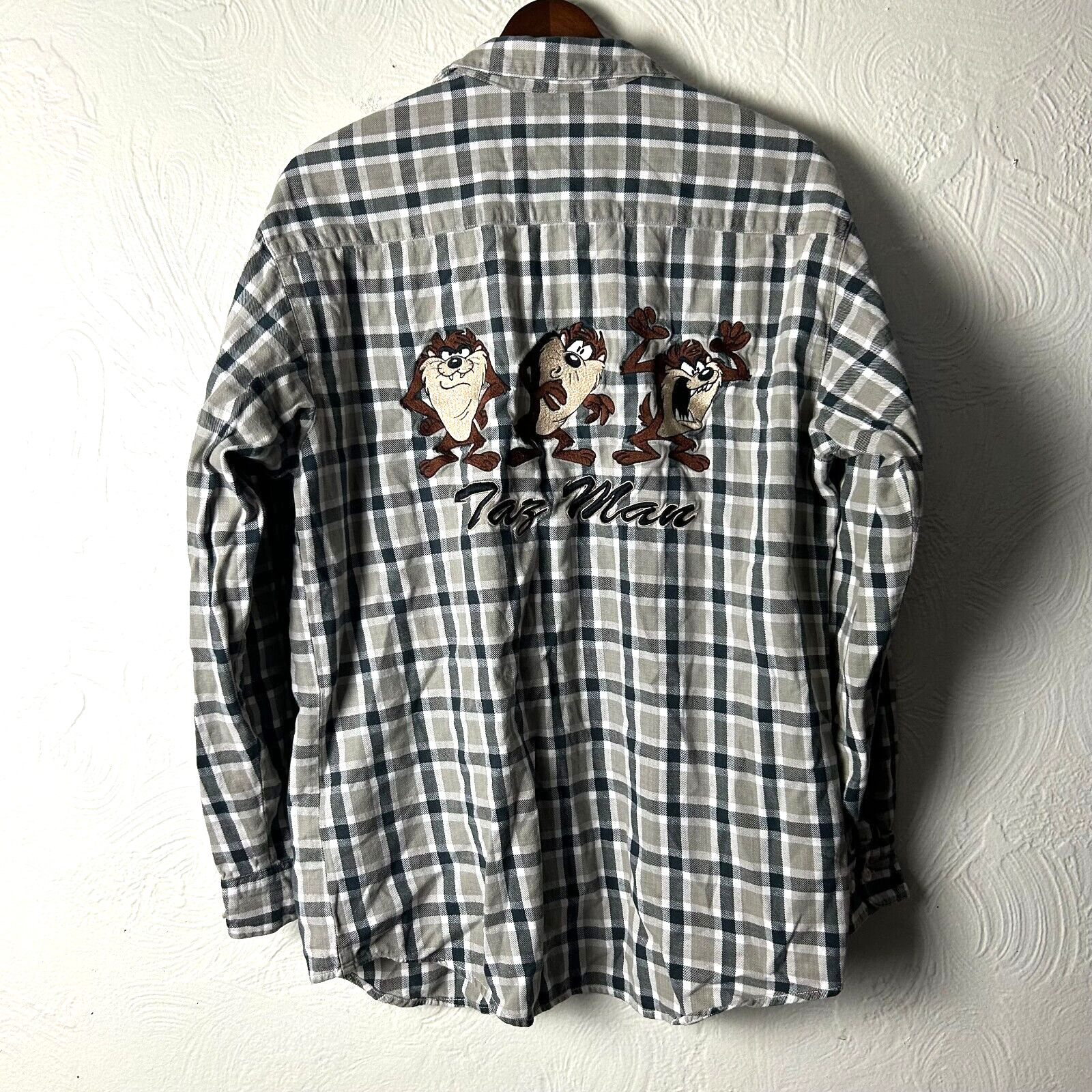 Vintage Taz Man Character Warner Bros Studio Store Flannel Plaid Button Up Shirt