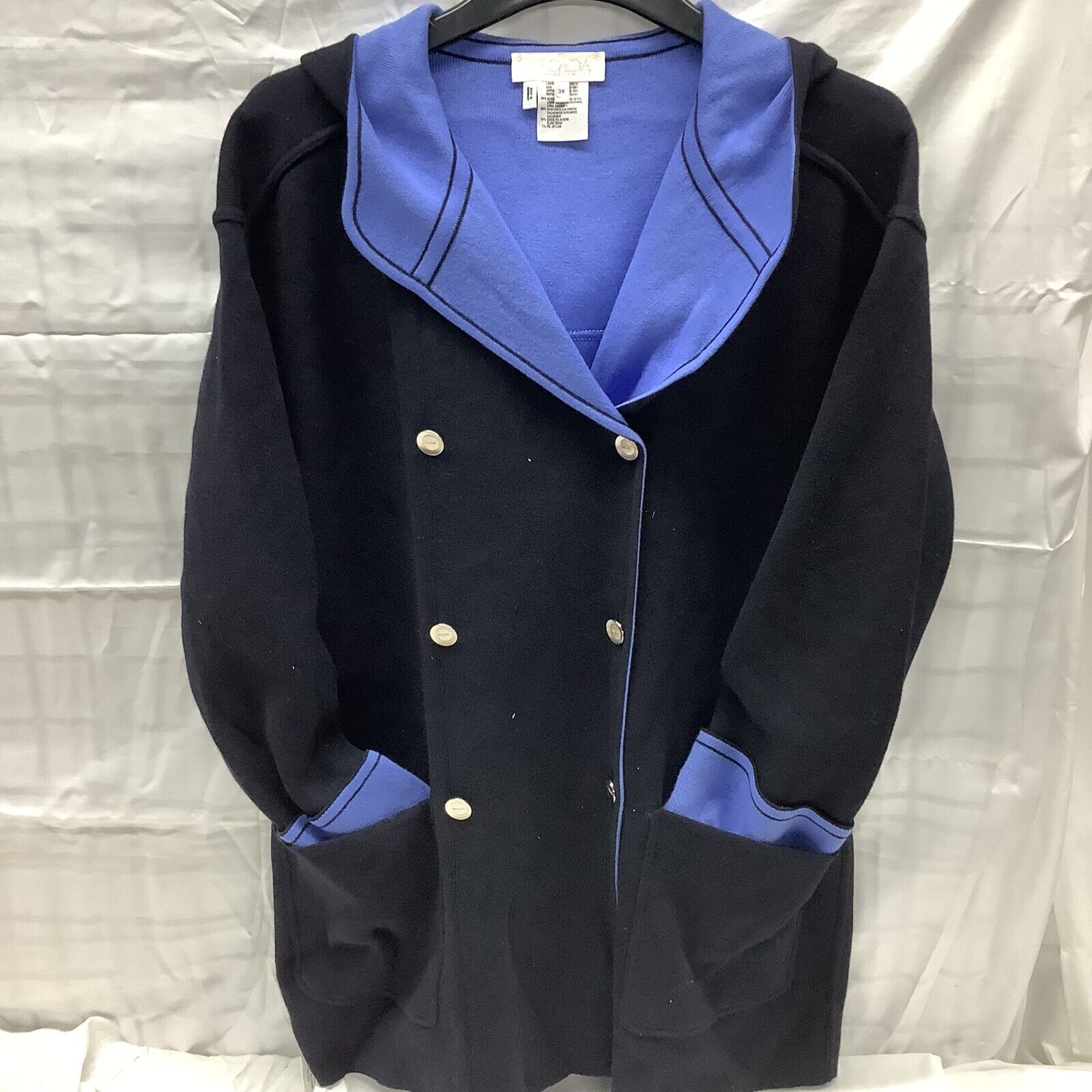 Escada Long Wool Cardigan With Hood Navy Blue Colored Size 38
