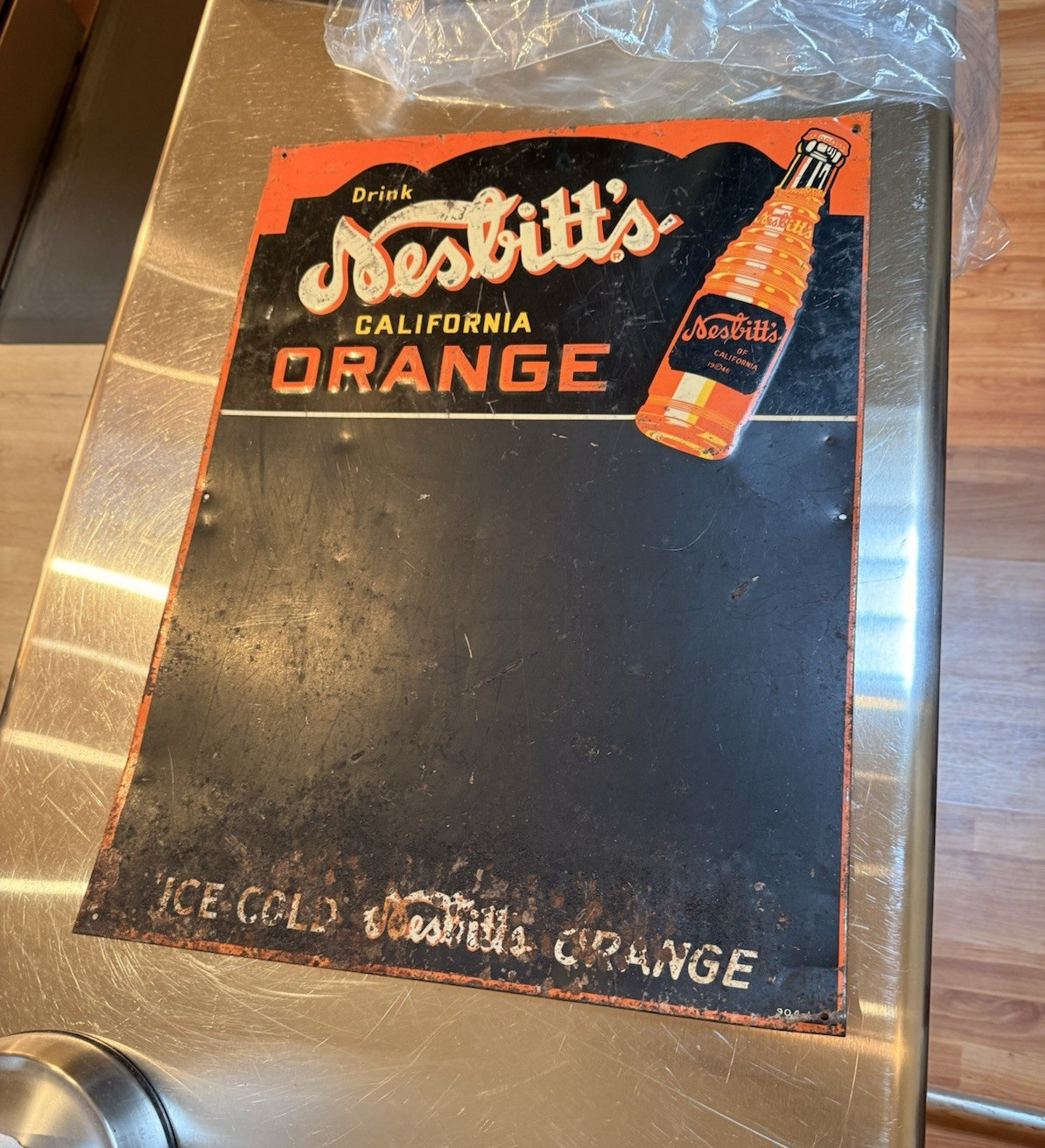 Nesbitt's California Orange Soda Metal Sign - Black Orange White and chalk board