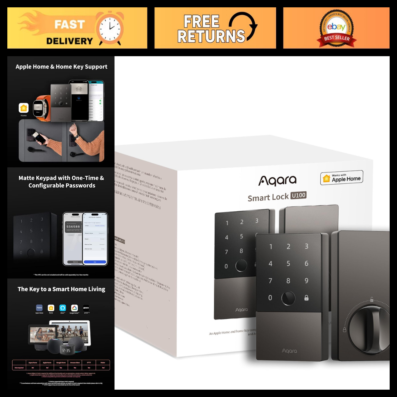 Aqara Smart Lock U100, Apple Home Key, Fingerprint Deadbolt, Gray