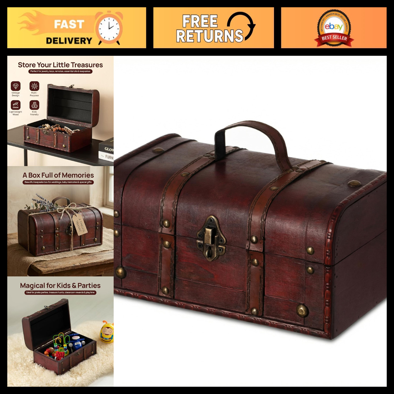 Large Wooden Treasure Chest Keepsake Box - Decorative Memory Trunk & Lock Box fo