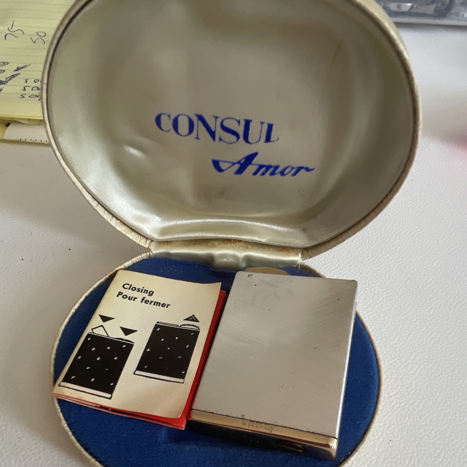 Consul Amor Silver Pocket Lighter in Case, Blue & White Accents
