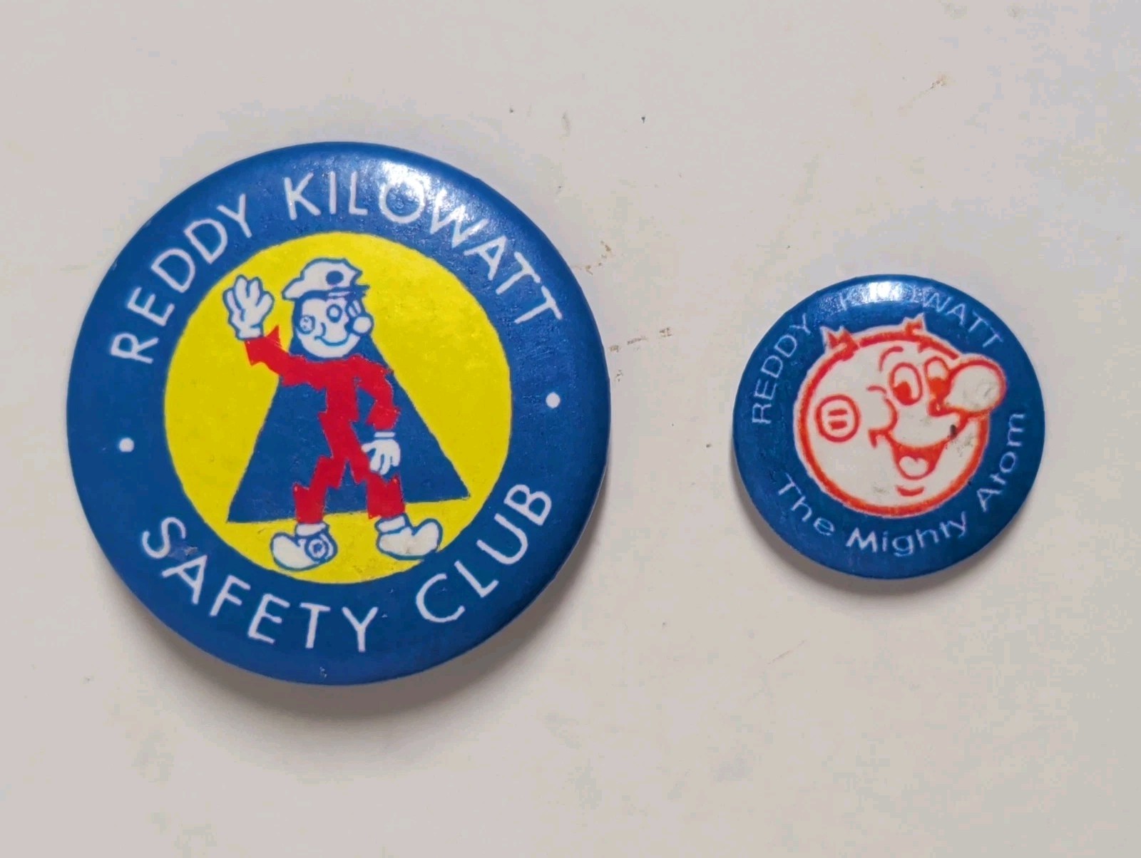 Cool Vintage 1960s-1970s Reddy Kilowatt Safety Club Pin & The Mighty Atom Pin