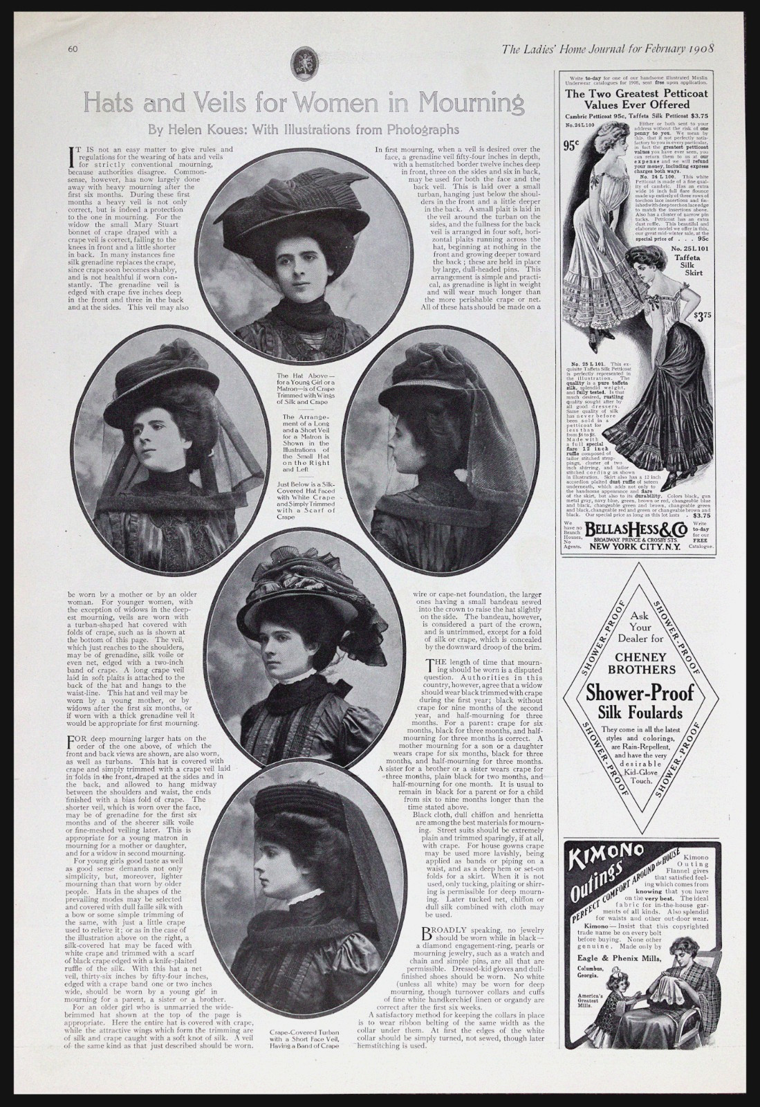1908 Black Hats and Veils for Women in Mourning Edwardian Fashion Plate Mag Page