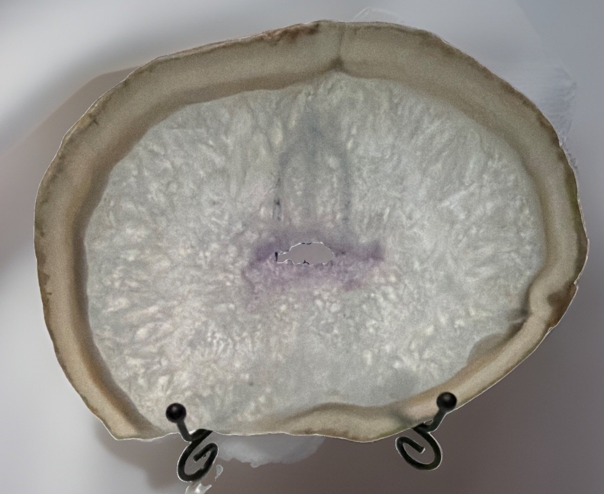 Polished White Quartz Geode Slice Slab, Purple Druzy Center, 15 in Wide