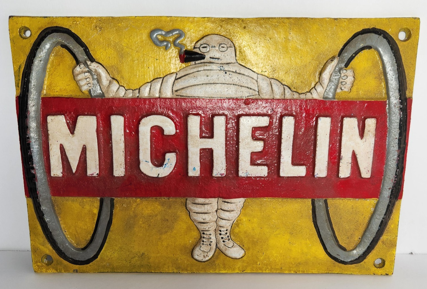 Michelin Man Tire Cast Iron Embossed Wall Sign Plaque - 1907 Dublin 8Hx12L
