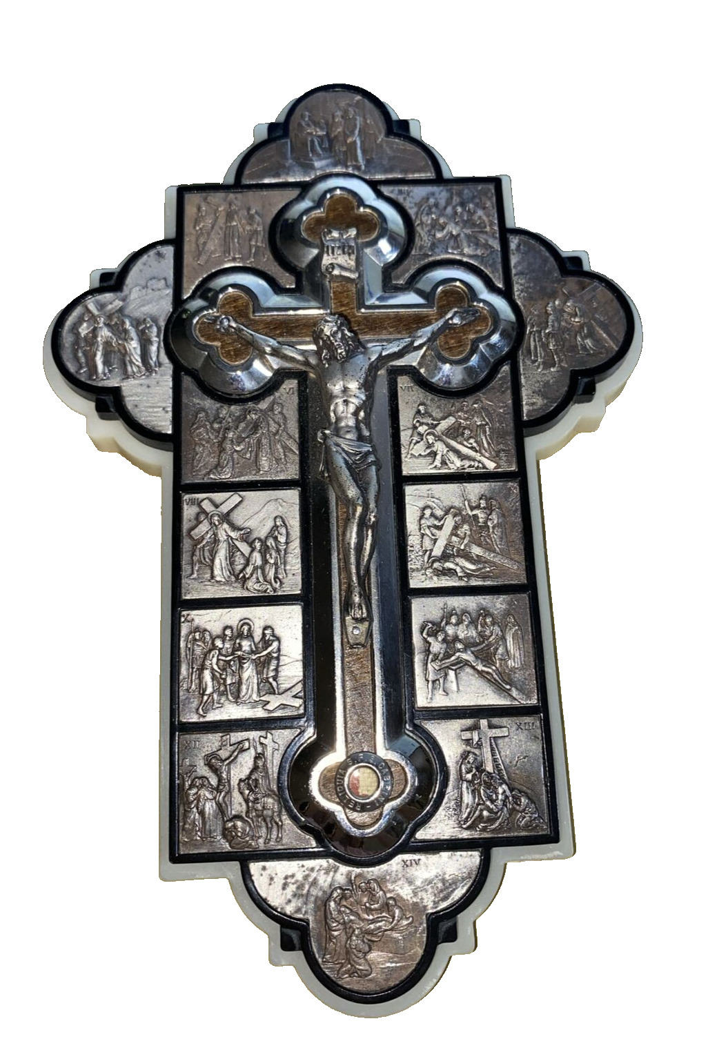 VINTAGE ITALY CRUCIFIX STATIONS CROSS WOOD INLAID METAL, 7 1/2\