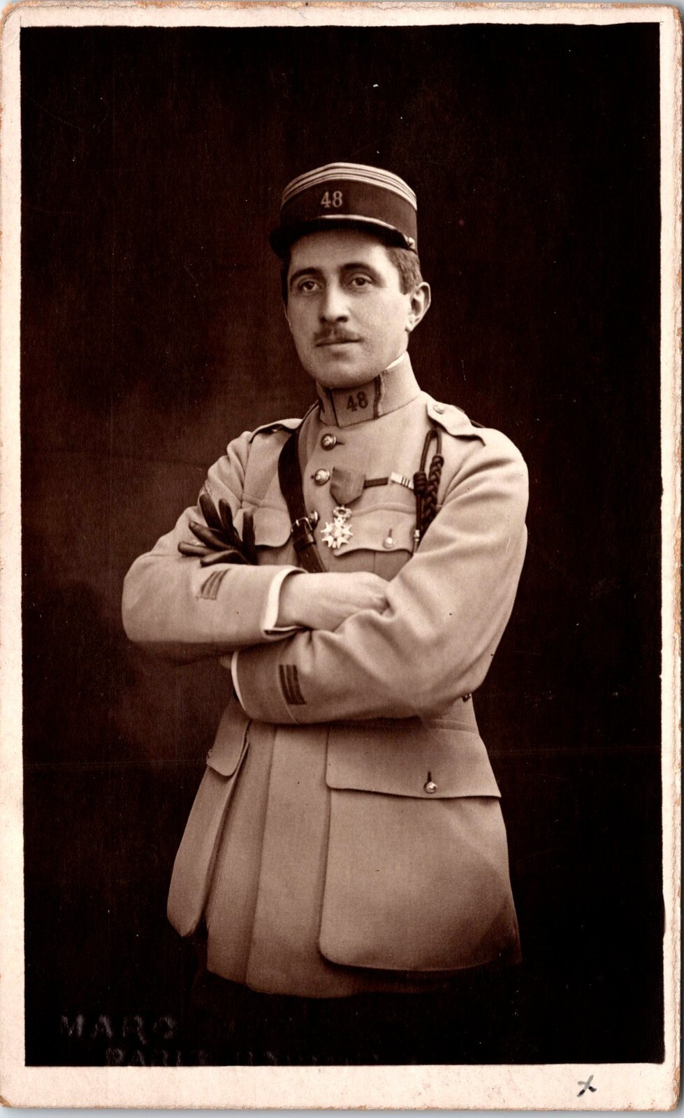 STUDIO PORTRAIT OF A HANDSOME FRENCH SOLDIER : GREAT LIGHTING : VINTAGE RPPC