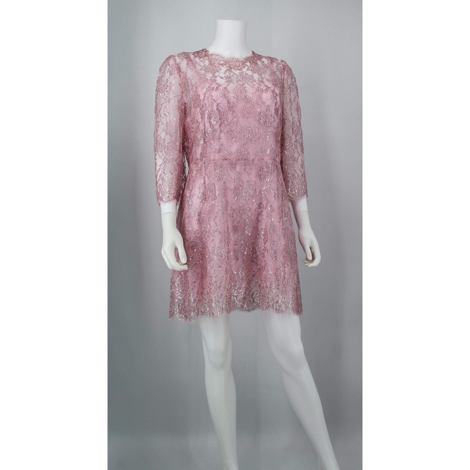 Dolce & Gabbana Pink Metallic Floral Lace Dress IT 48 US 12 XL Cocktail