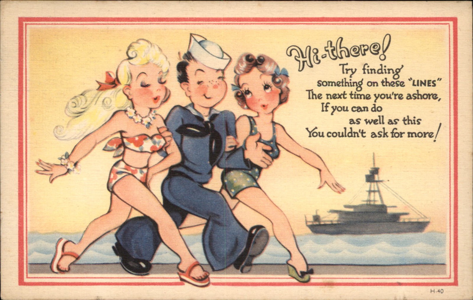 Sailor and bathing beauties Humor Grinnell Litho Co. c1920s-30s Vintage Postcard
