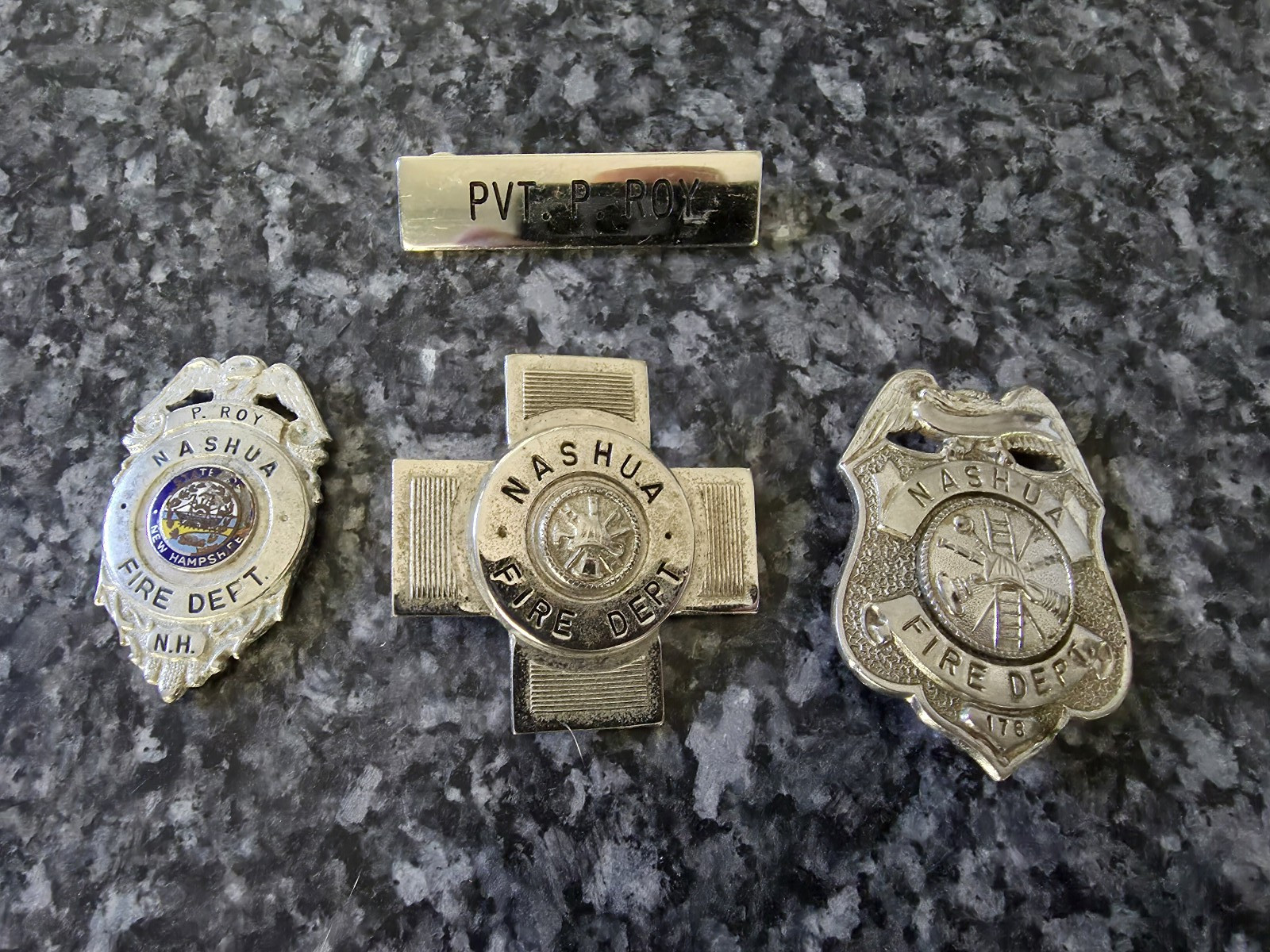 Vintage Obsolete Nashua New Hampshire Fire Department Badges & Name Plate