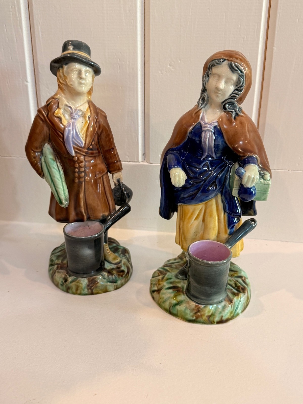 Pair of Antique Majolica Match Holders, Late Victorian Figural Vestas c. 1890s