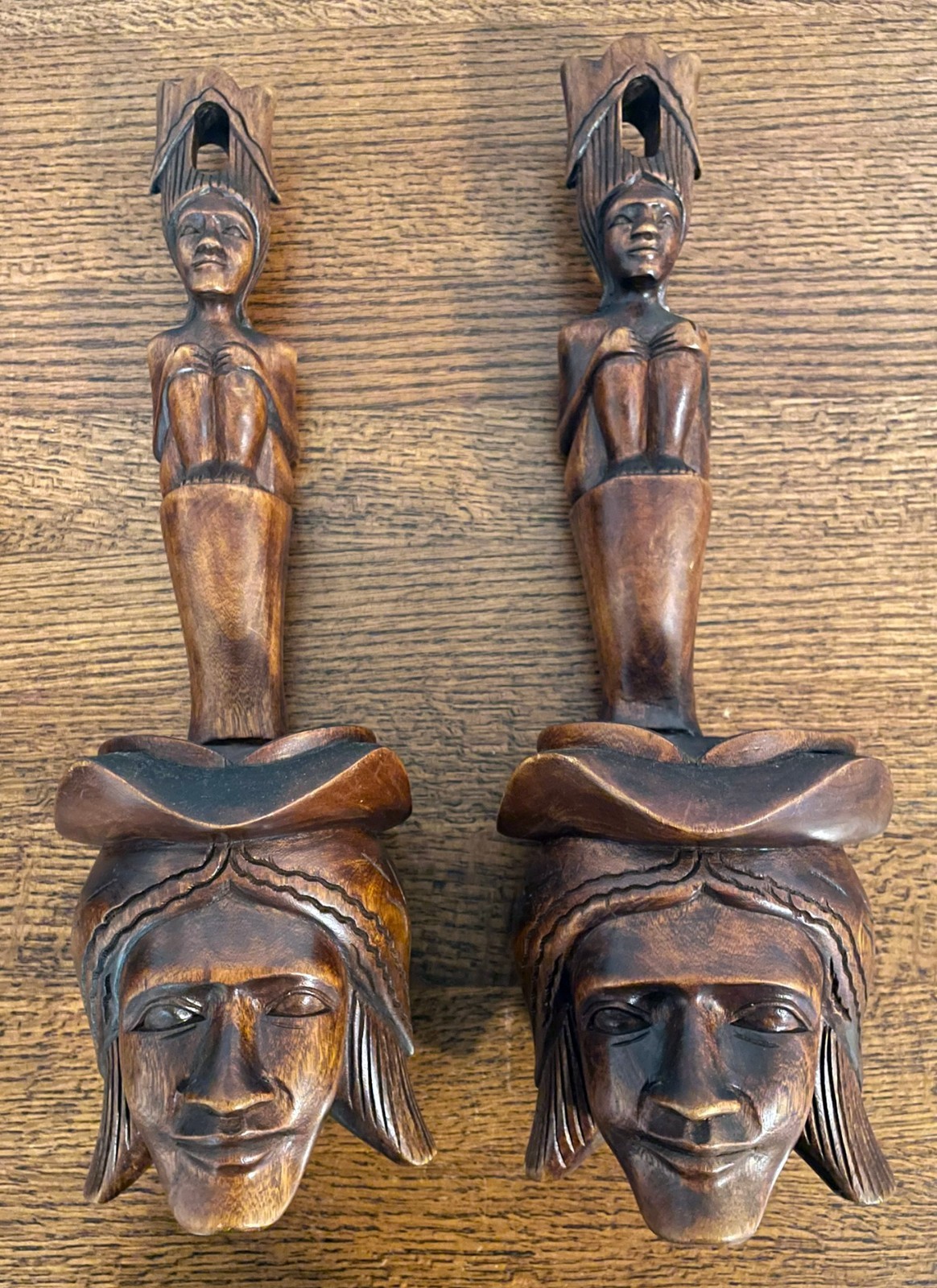 Vintage Philippine Igorot Carved Wood Offering Bowls Water Dippers Pair 17