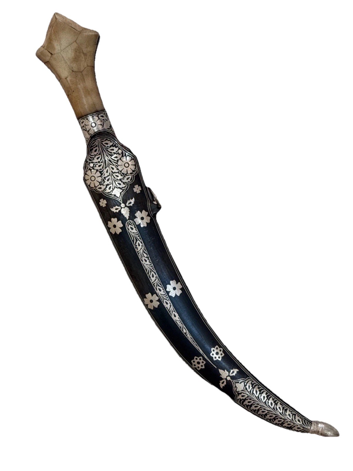 Indo Persian Silver Kofthgiri Worked Damascus Blade Sikh Kripan bone grips 15”