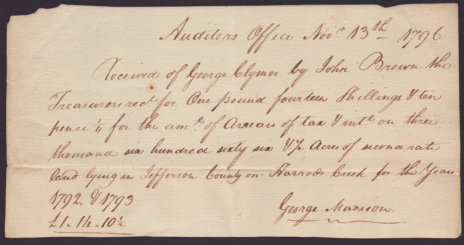 GEORGE MADISON - AUTOGRAPH DOCUMENT SIGNED 11/13/1796