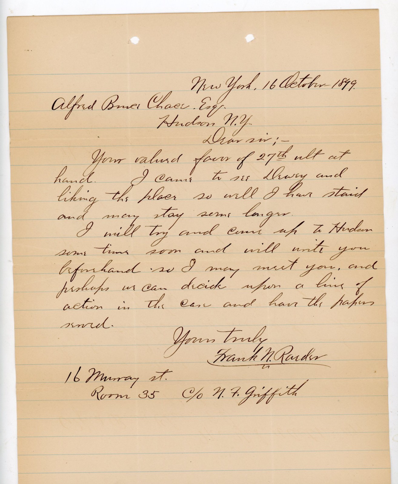 1899 Antique Handwritten Letter New York to Hudson NY Alfred Bruen Chace Esq Fra
