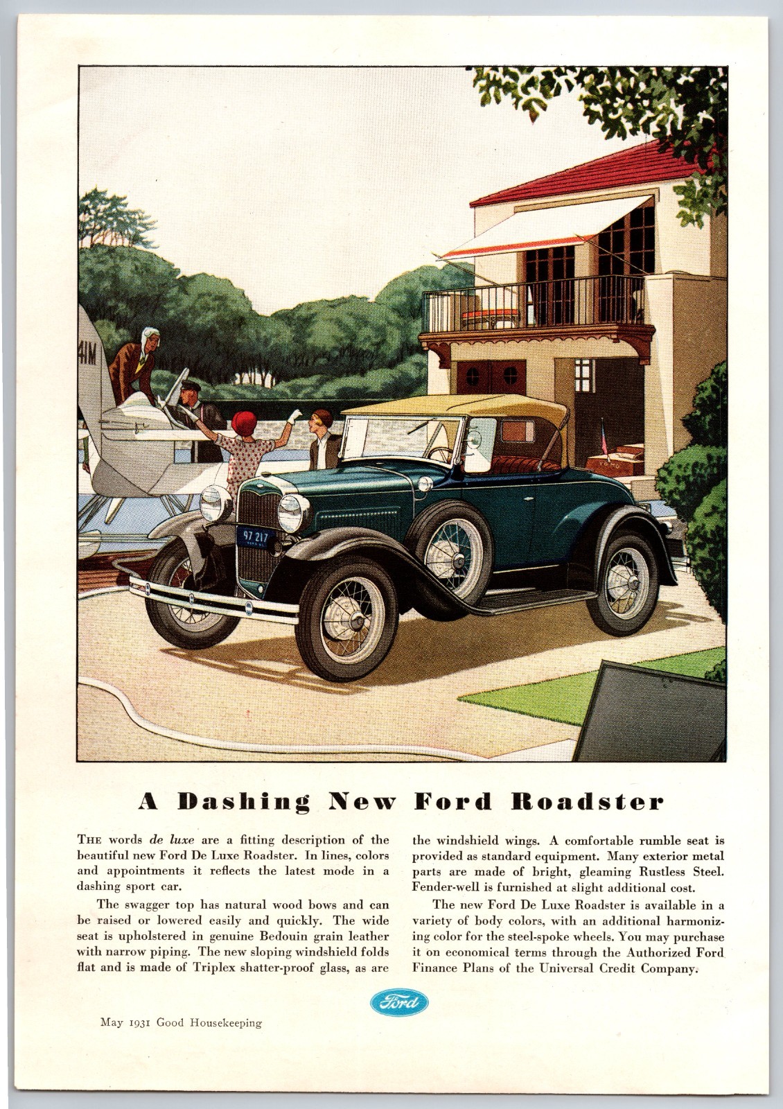 Vintage 1931, Ford Roadster, Seaplane, Automobile, Auto, Car, 30's Print Ad