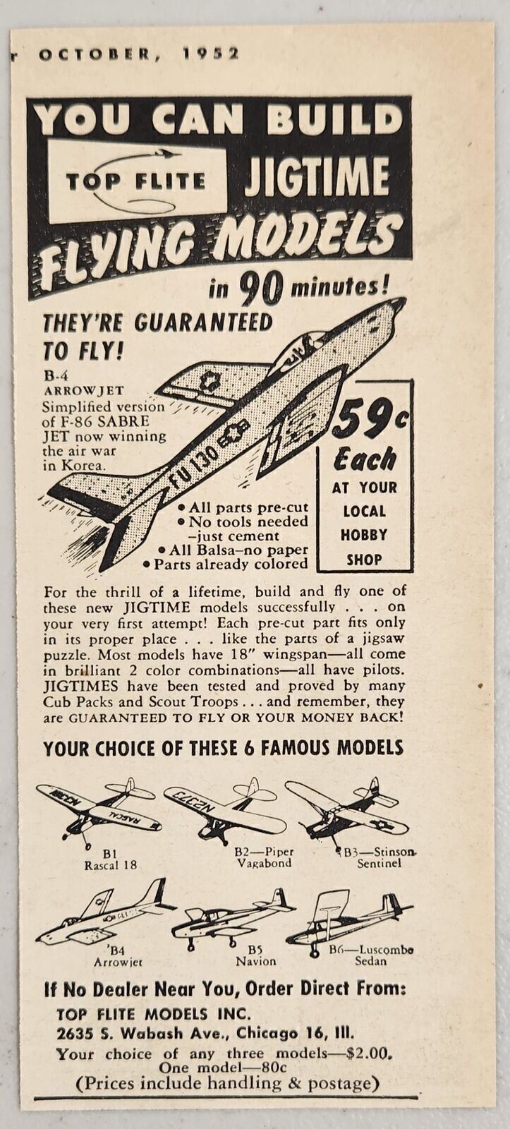1952 Print Ad Top Flite Jigtime Flying Balsa Wood Airplanes Chicago,Illinois