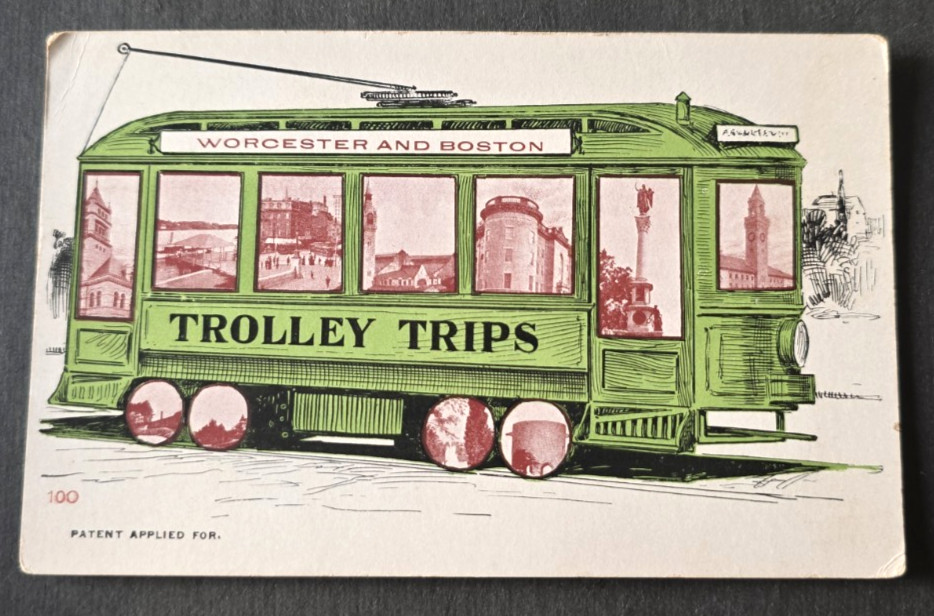 C. 1905 Boston and Worcester Trolley Trips Green Art Electric Rail Postcard DP