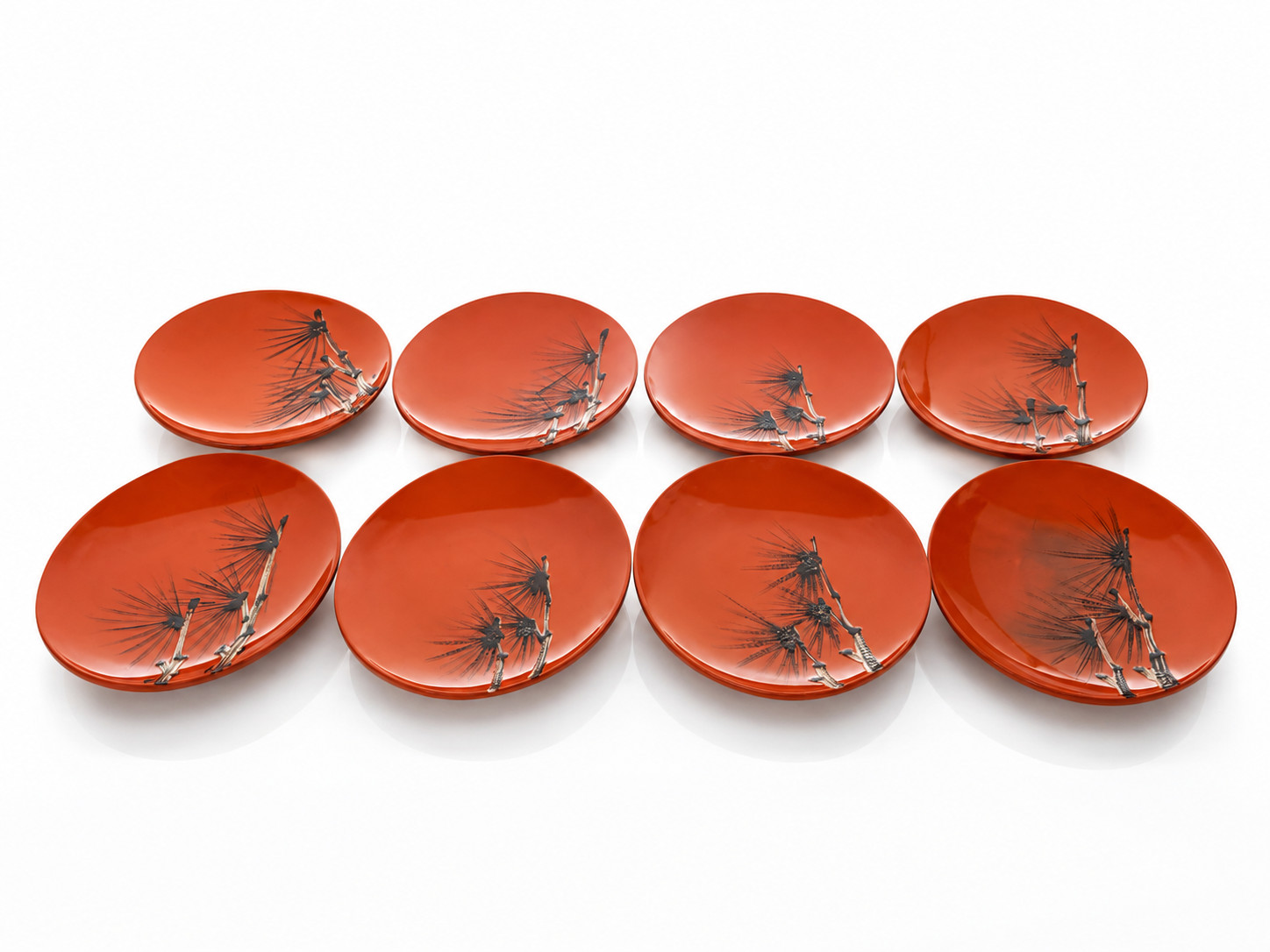 VTG Japanese Lacquerware Hand Painted Pine Needle Dishes Red Set of 8