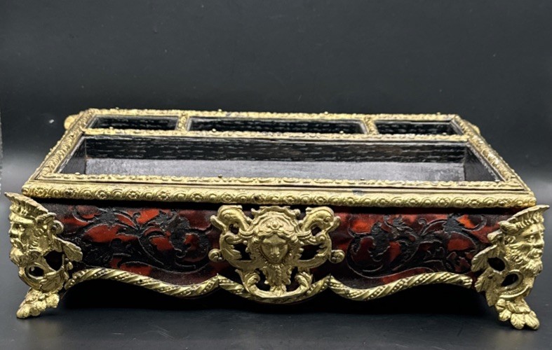 Antique French 19th C Inkwell Gold Gild Carved Wood 