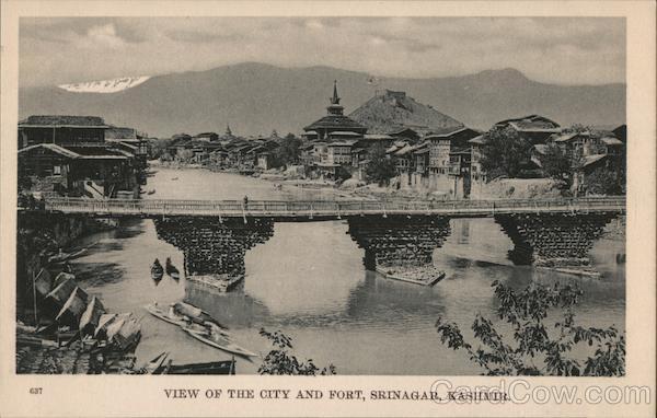 India View of the City and Fort,Srinagar,State of Kashmir Postcard Vintage