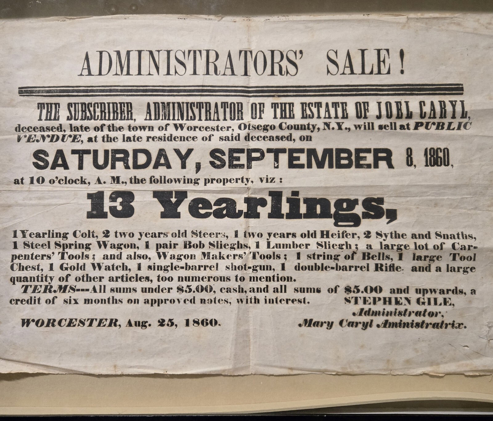 Historical Estate Auction 1860 Broadside Joel Caryl Worcester Ostego County NY 