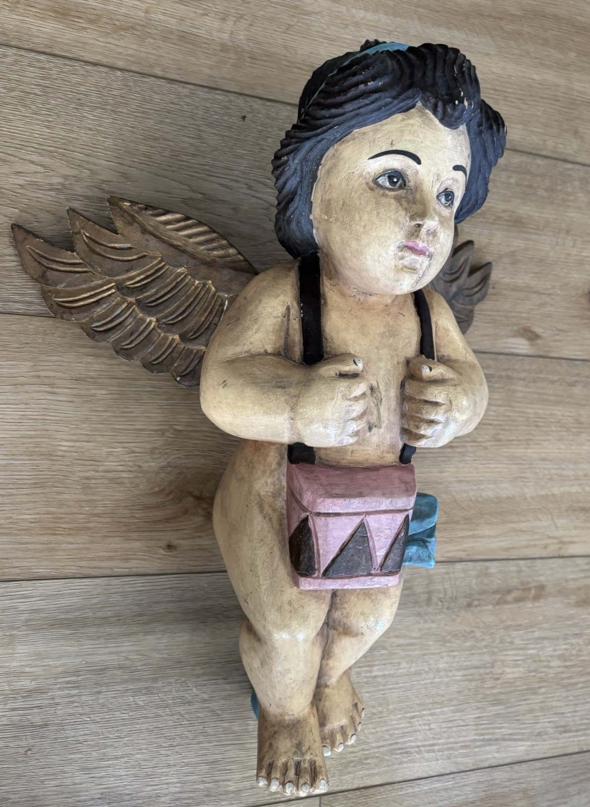 Antique Hand Carved Painted Wood Large Angelic Cherub Putti  Sculpture 18