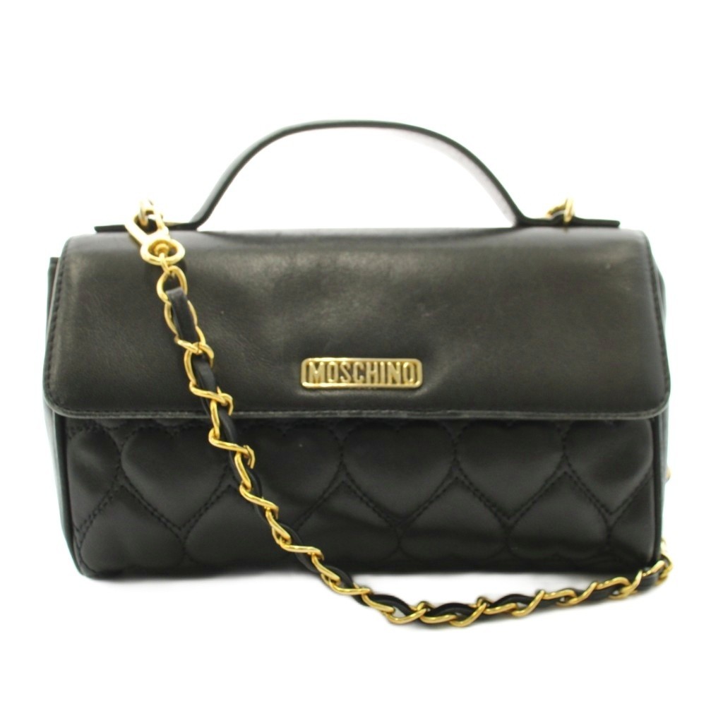 MOSCHINO Quilted Leather Heart Flap Chain Shoulder Bag Black Women\'s 83\