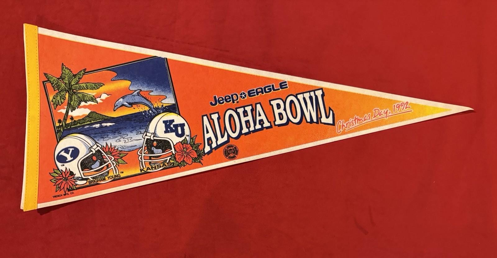 Vintage 1992 Aloha Bowl 29 Inch Pennant BYU vs Kansas Brigham Young University