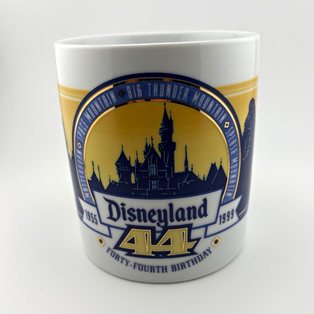 Vintage 1999 Disneyland 44th Birthday Mug Coffee Cup Four Mountains 1955-1999
