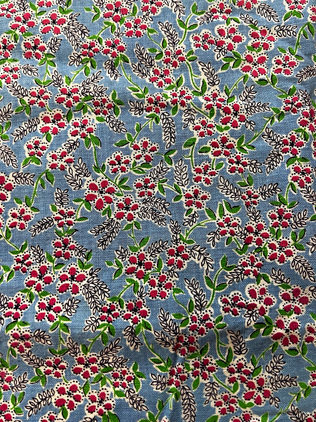 Vintage feedsack robins egg blue with small red flowers full size 