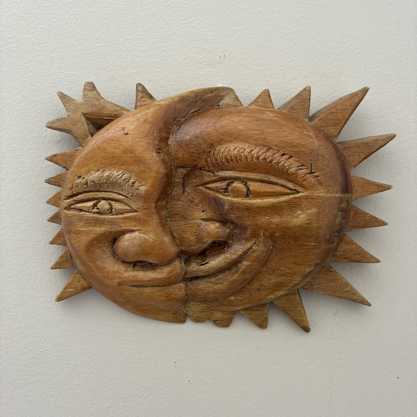 Folk Art Moon & Sun wooden wall art hand carved Artist Signed plaque 