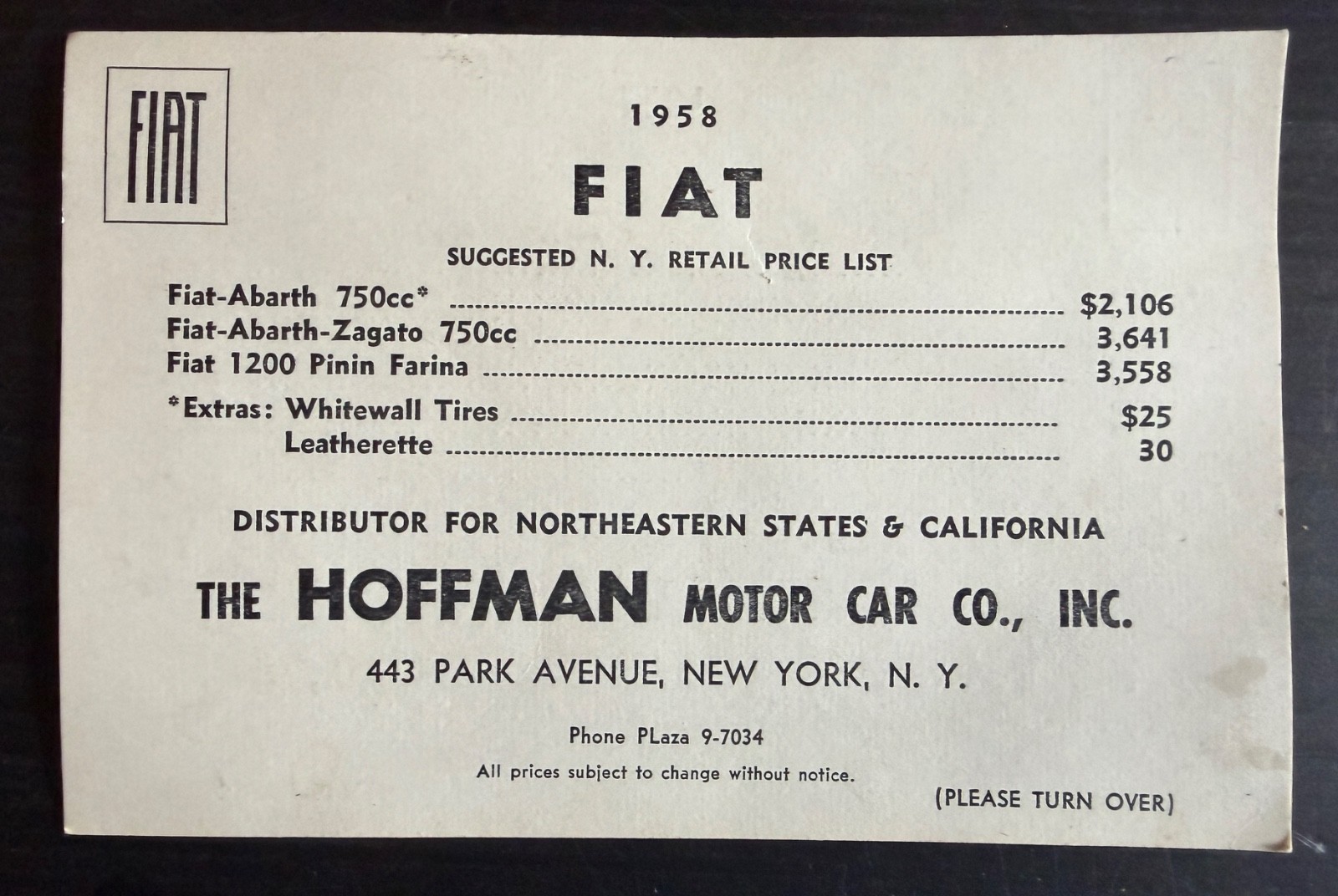 1958 Fiat Abarth Zagato 750cc Hoffman Motor Car Co. Price List Fiat 500 600 etc.