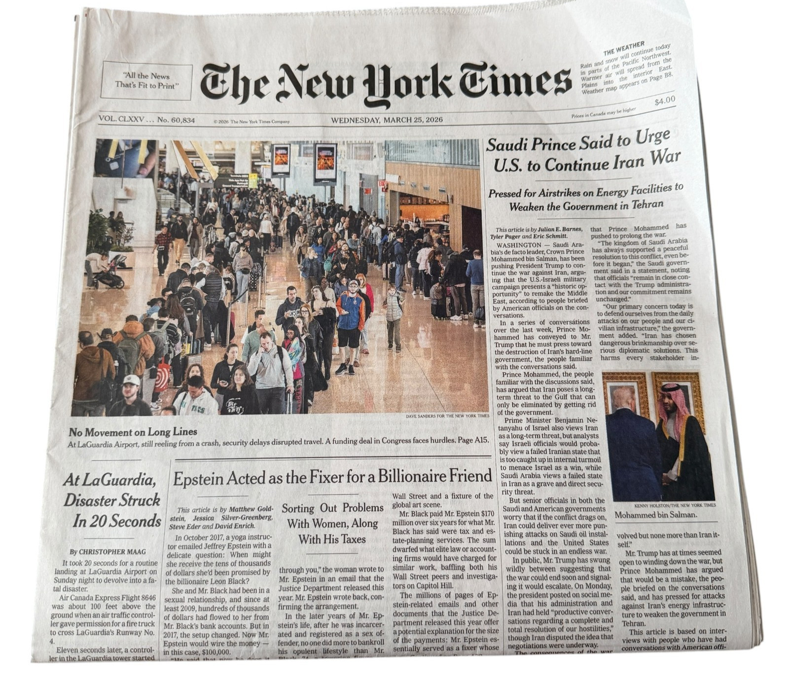 The New York Times Newspaper March 25 2026 LaGuardia Disaster Struck 20 Seconds