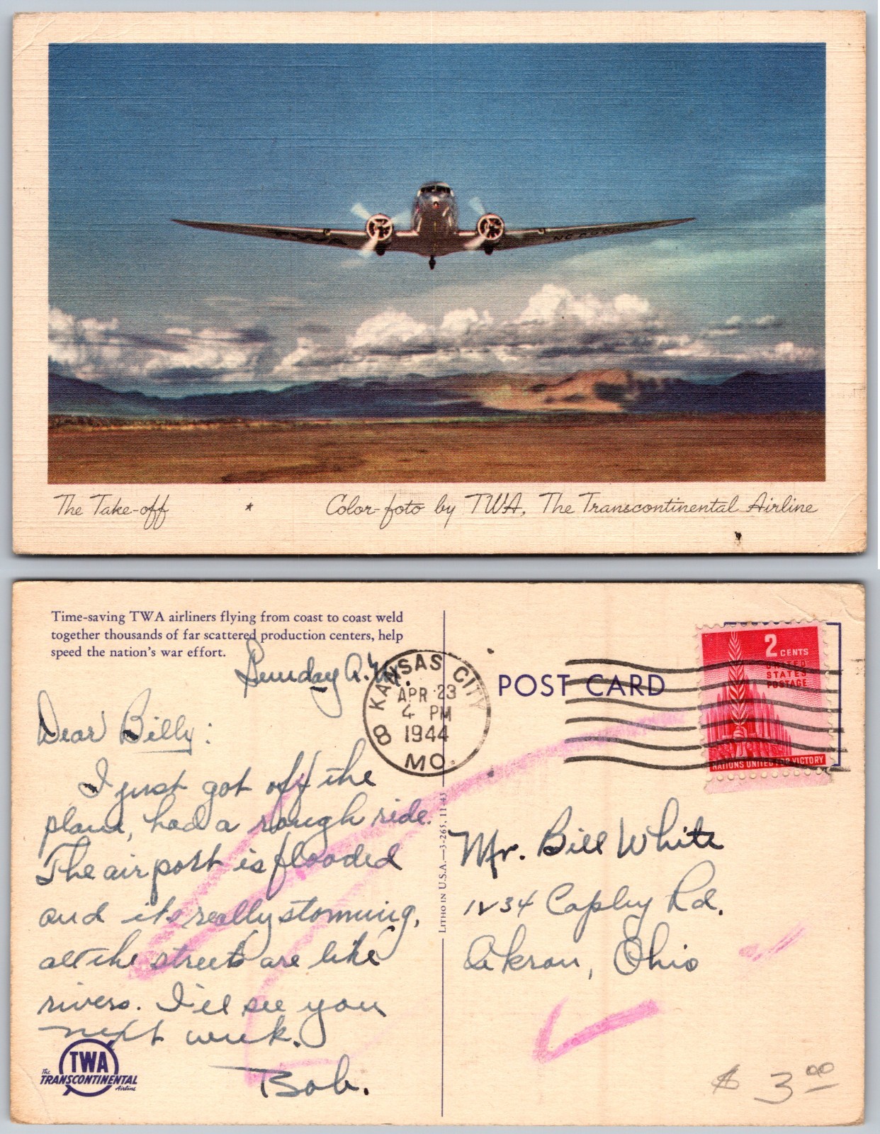 TWA Transcontinental Airliner Takeoff Postcard